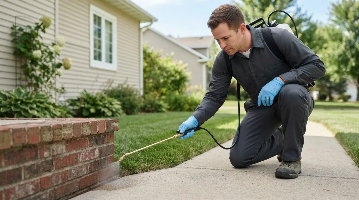 Pest control technician treating a home near Hope, ND